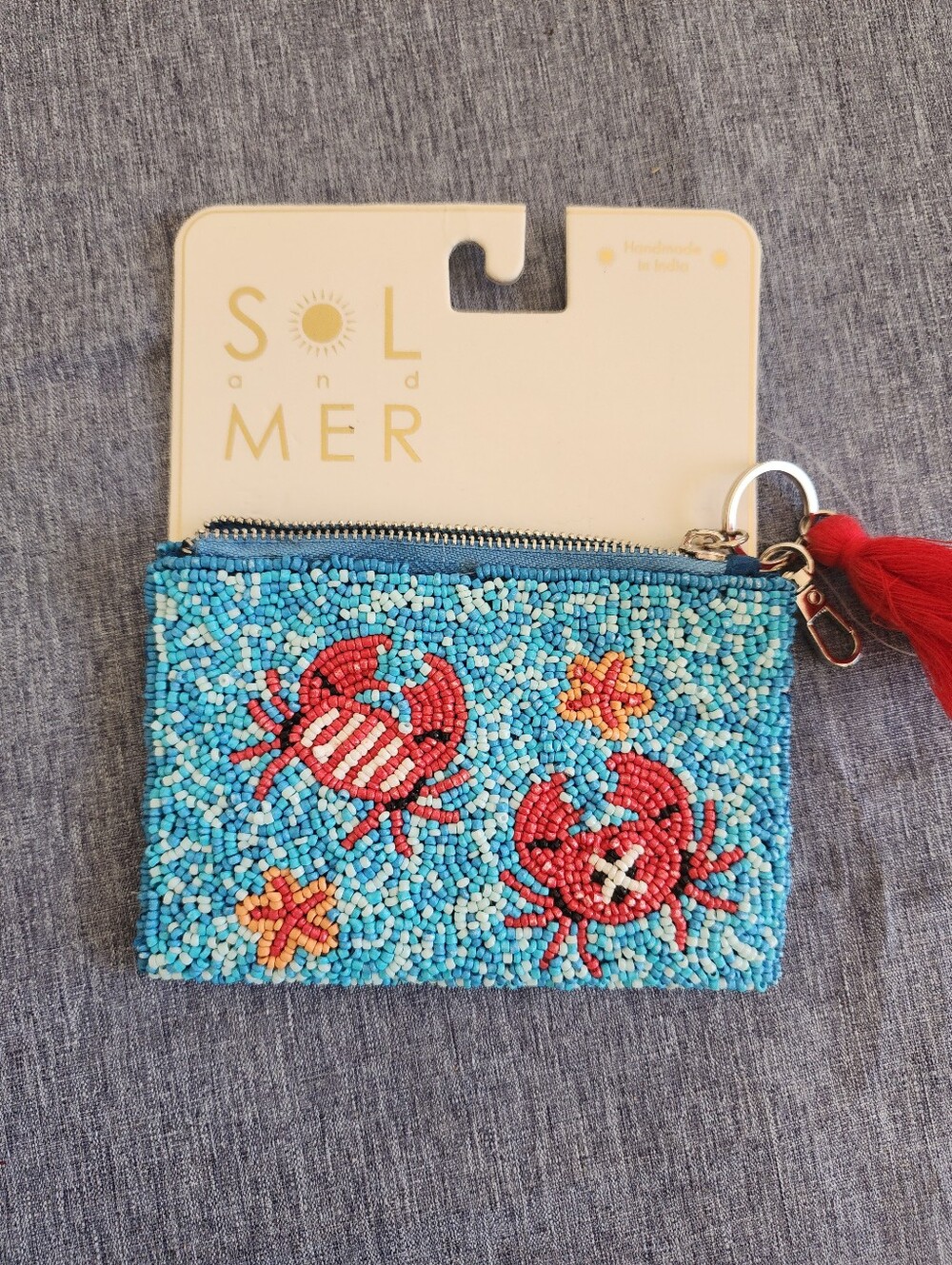 Sol And Mer Blue Beaded Crab Coin Purse with Red Tassel NWT